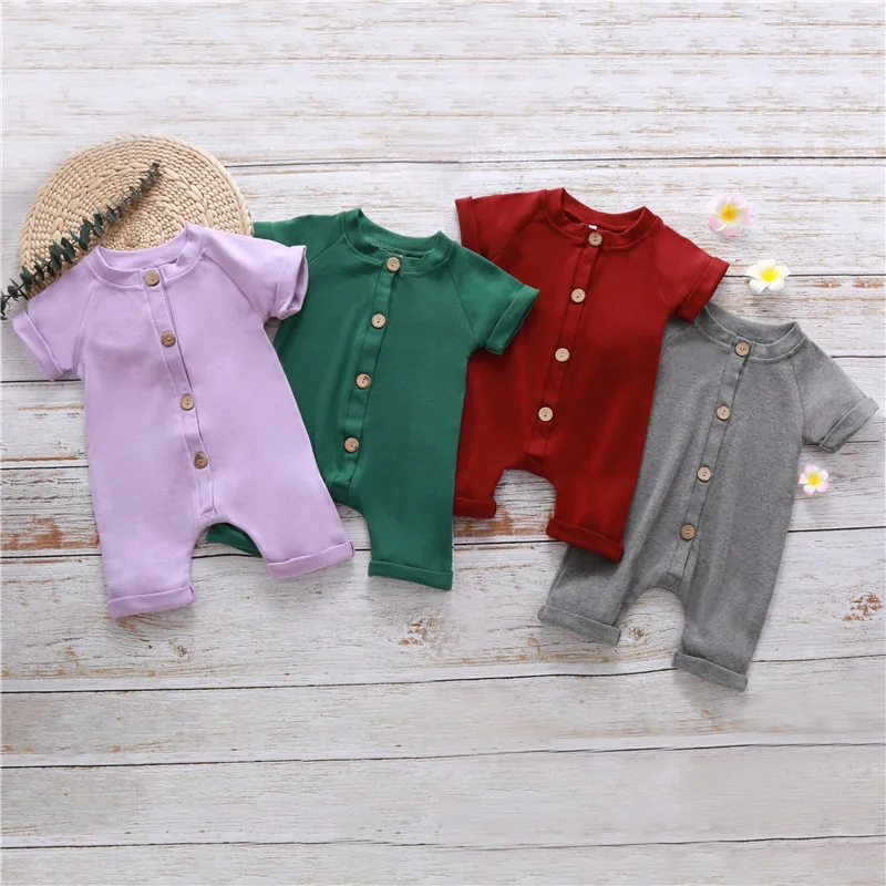 

0-24M Newborn Infant Baby Girls Boys Rompers Solid 4 Colors Short Sleeve Button Design Romper Baby Boy Summer Causal Jumpsuits