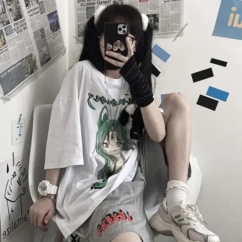 

Harajuku Japanese Cartoon Anime O-Neck T-Shirt Loose Short-Sleeved Cute Kawaii Blouse Oversized T-Shirt Summer New Women'S Cloth