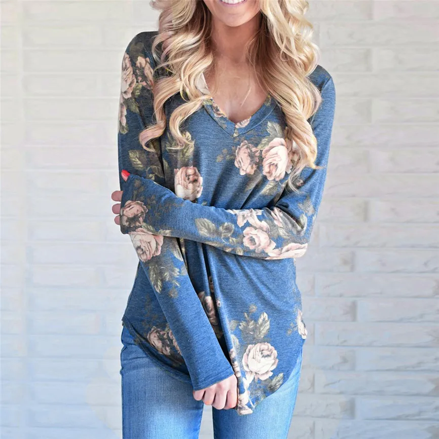 Женская Повседневная футболка с длинным рукавом v образным вырезом и цветочным