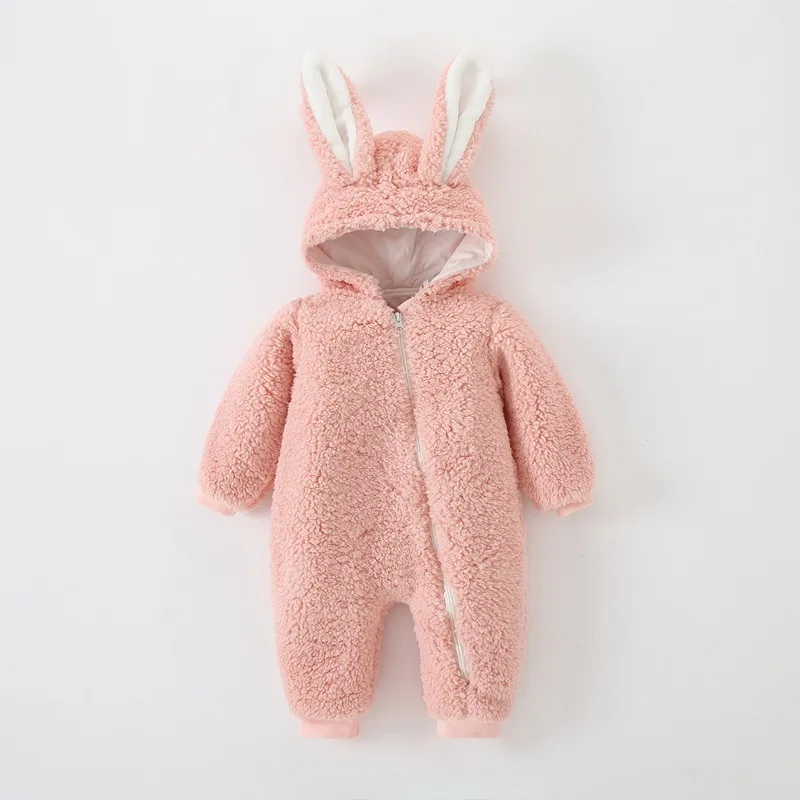 

2022 New Autumn Winter Baby Solid Fleece Rabbit Hooded Jumpsuit Baby Unisex Sweet Jumpsuits Baby Clothes Infant Bodysuit