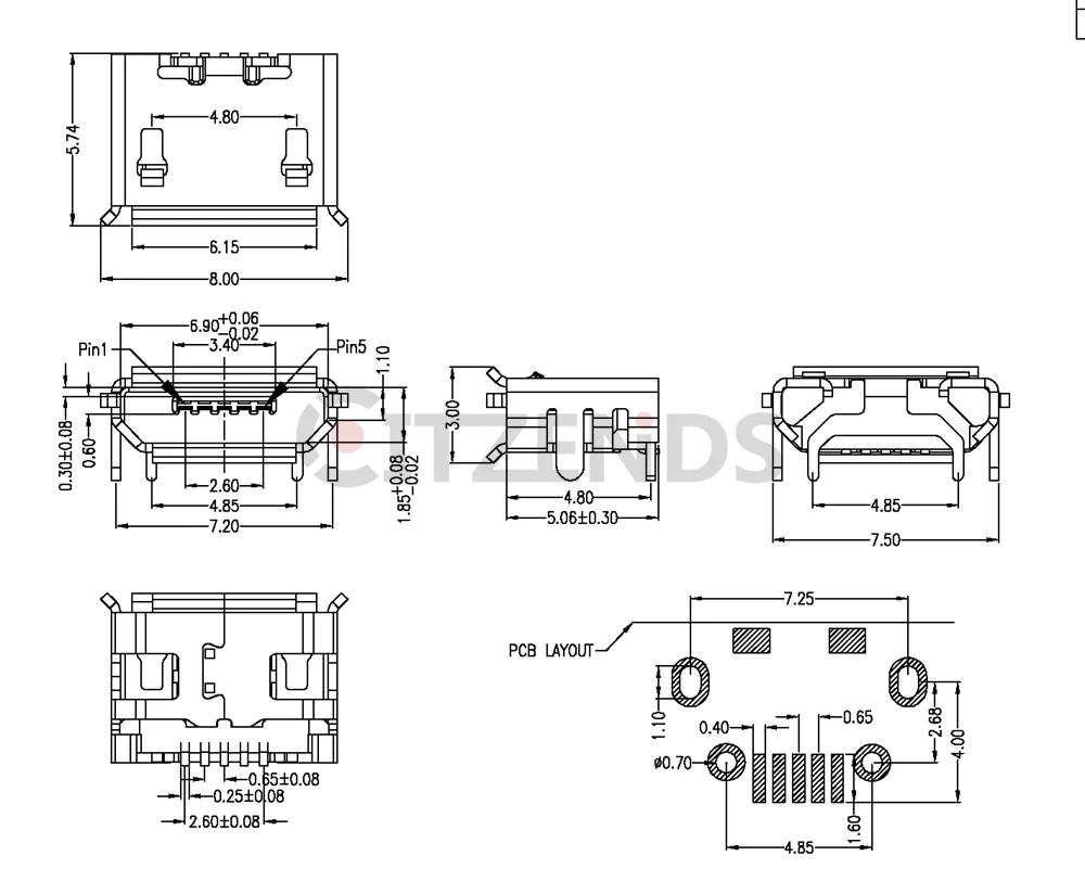 50 шт. микро USB 5Pin jack Ox рожковый разъем с четырьмя контактами гнездо короткий
