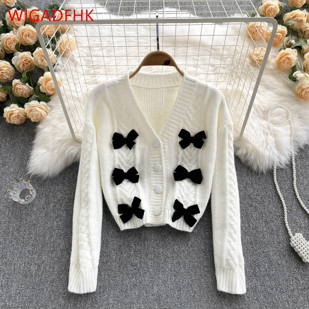 

Fashion Bow Short Twist Sweater Women 2021 Autumn And Winter New Sexy V-neck Breasted Cardigan Knitted Jacket Retro Black White