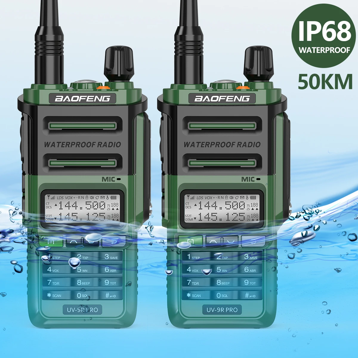 2pcs Baofeng UV-9R PRO IP68 Waterproof Walkie Talkie Powerful Transceiver 50km Long Range Radio Upgraded of UV9R Plus Green
