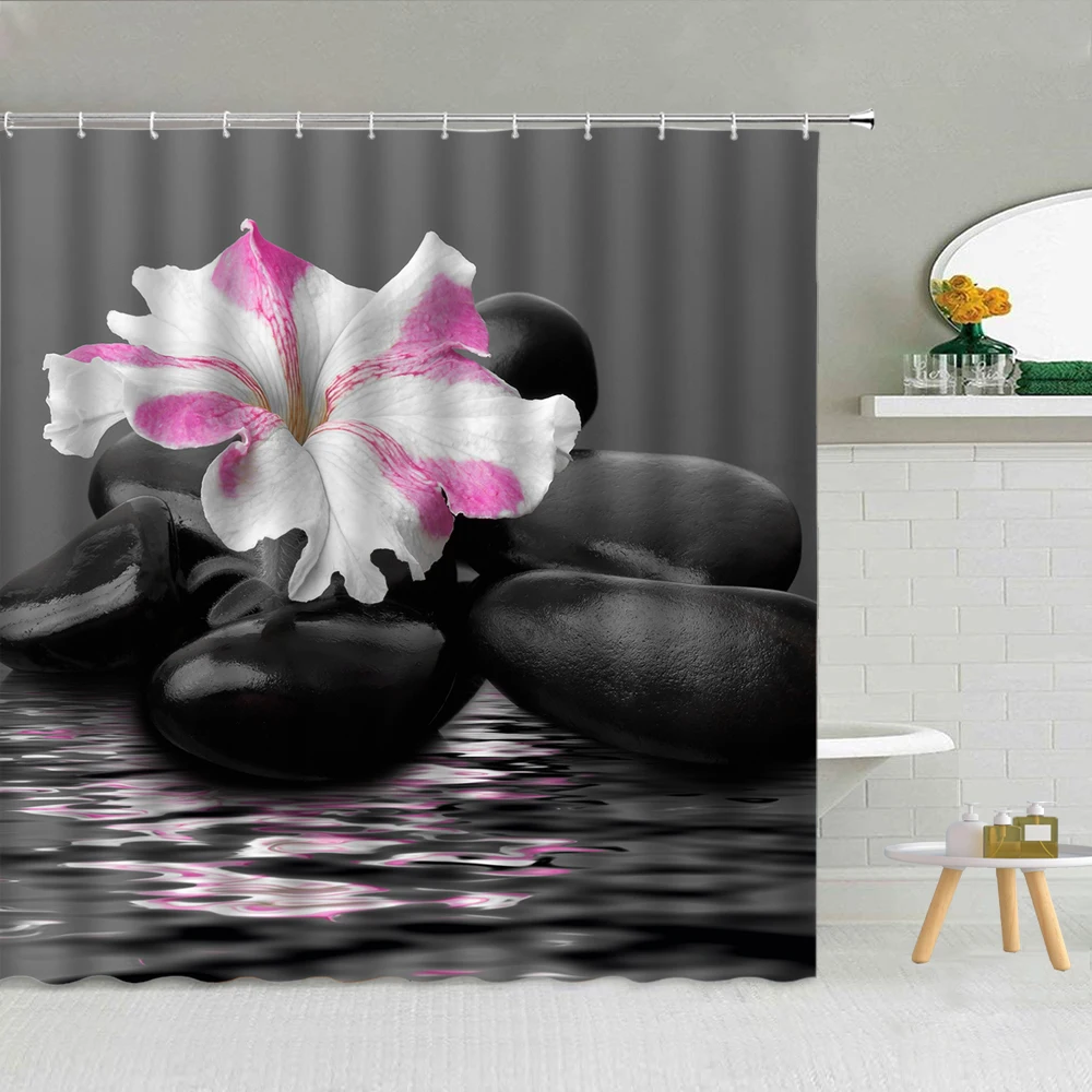 

Creek Zen Stone Green Bamboo Lotus Shower Curtain Waterproof Polyester Fabric High Quality Bath Screen Bathtub Decor With Hooks