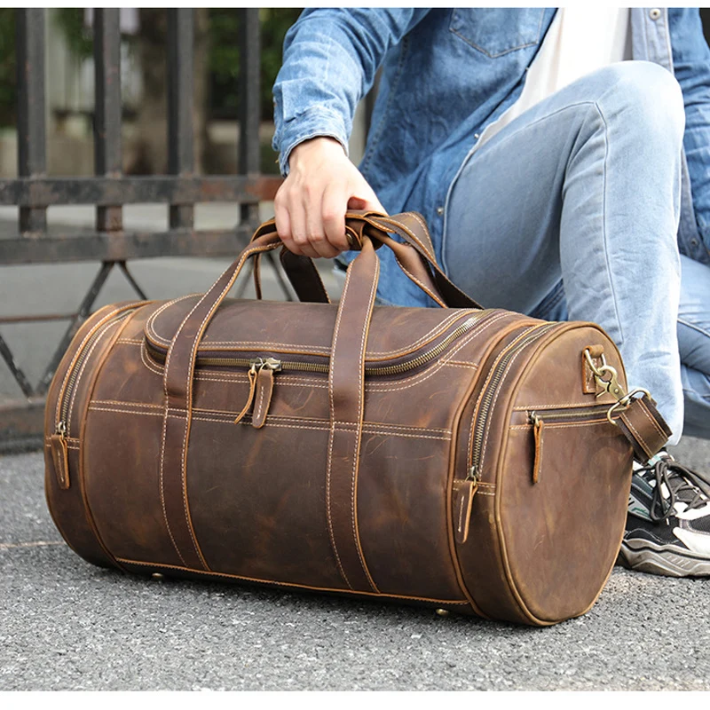 New Fashion Genuine Leather Men's Travel Bag Cowhide Luggage Bag For Man Crazy Horse Leather Crossbody Hand Luggage Shoulder Bag
