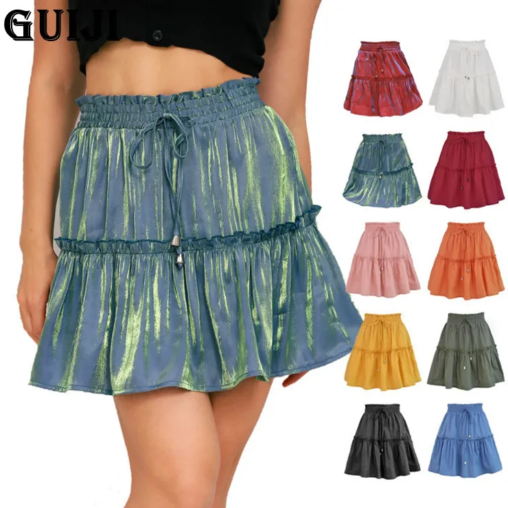 

【GUIJI】Ready Stock 2021New Summer Solid Sexy Mini Skirt Women Fashion Lace-up Plus Size Ruffle Boho A Line Ladies High Waist