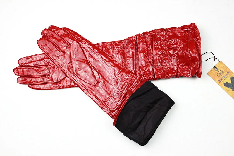 Настоящие новые Guantes длинные кожаные перчатки женские из овчины локоть лакированная бархатная подкладка Теплые щитки для рук