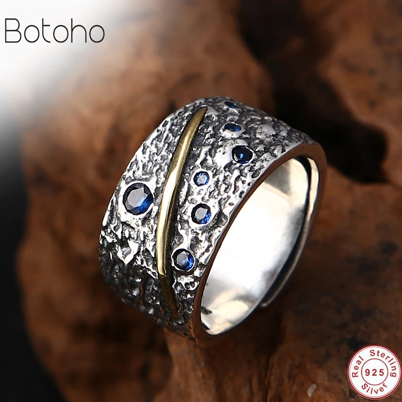 

New 925 Sterling Silver colour Open Ring for Women Men Blue Zircon Finger Ring Vintage Thai Silver colour Fashion Jewelry Anillo