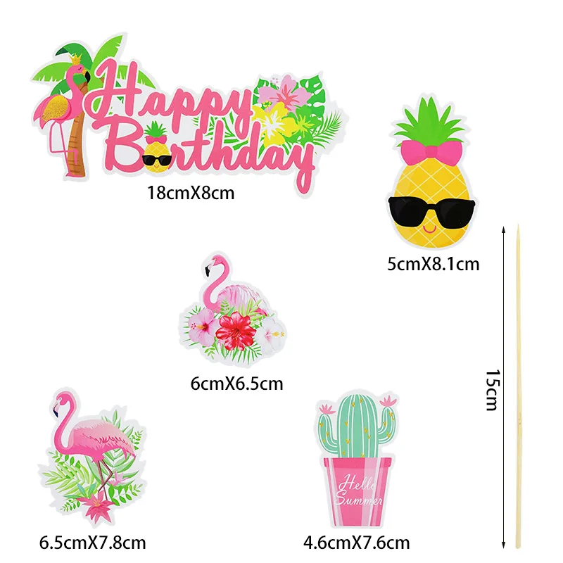 

13pcs/set Happy Birthday Flamingo Pineapple Cake Toppers Paper Cupcake Topper For Tropical Hawaii Summer Party Decor Supplies