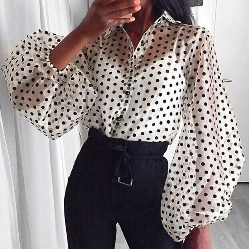 White VIEUNSTA Women Mesh Sheer Blouse See-through Lantern Long Sleeve Blouse Fashion Polka Dot Button Transparent Shirt Female Blusas - Цвет: White