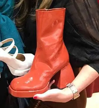 

Dipsloot Hot Woman Orange Genuine Leather Square Toe Mid-calf Boots 9 cm Chunky Heels Patchwork Slip On Short Boots Shoes