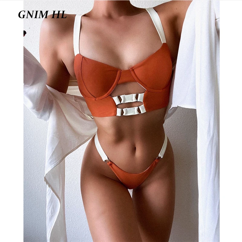 GNIM пикантные однотонные стринги бикини 2020 бандажный купальник Для женщин 2 штуки