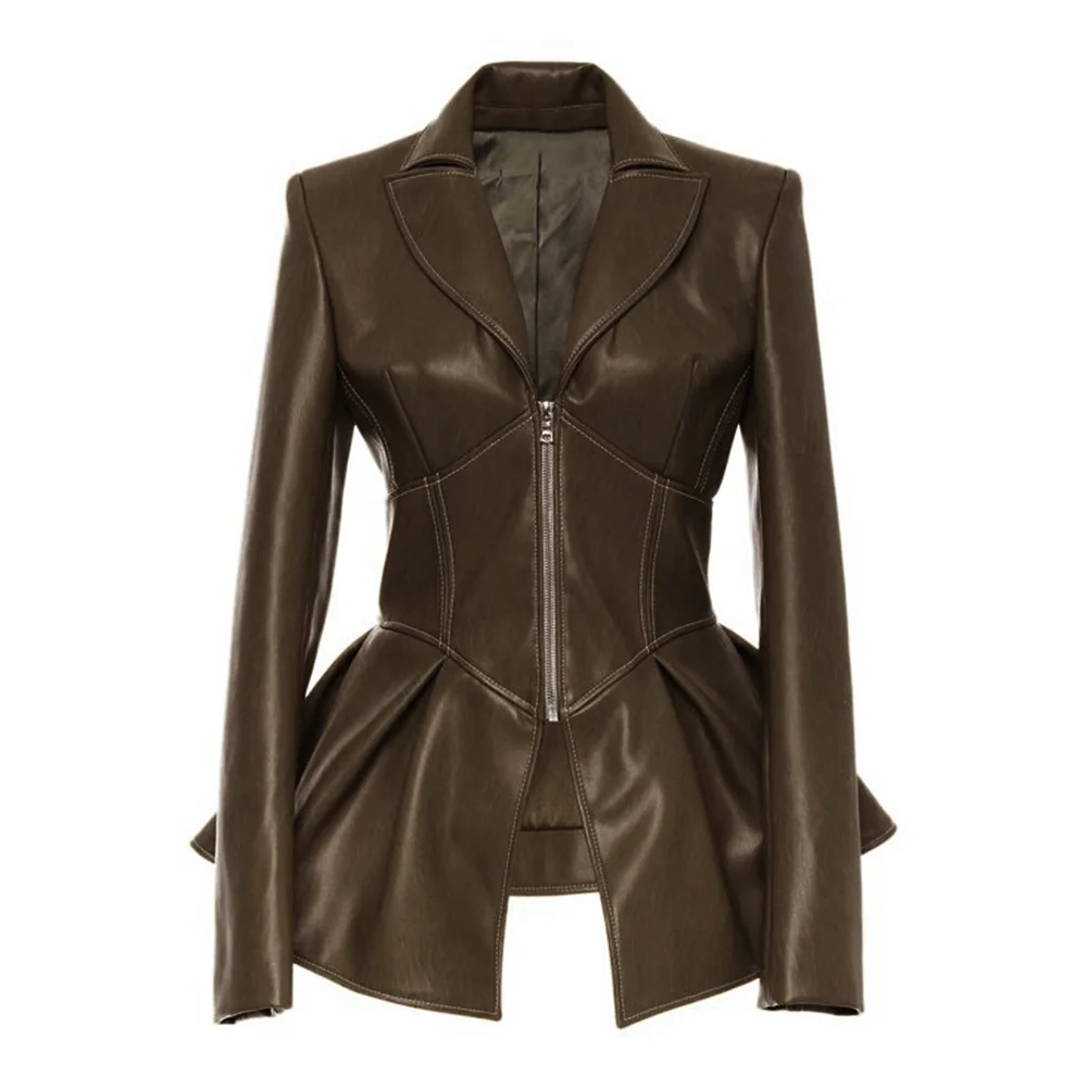 

New Women Fashion Black PU Slim Laple Jacket Blazers Female Autumn Leather Coats Ruffled Hem Oversized Jackets Plus Size S-3XL