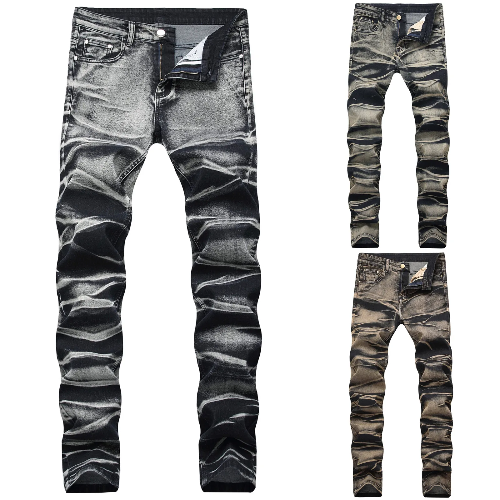 

53# Vintage Denim Hole Trouser Pants Zipper Pocket pants men Stitching Plaid men clothing Hip Hop Work Jeans streetwear pants