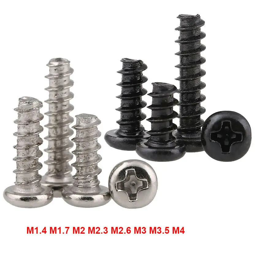 

M1.4-M4 Mini Phillips Pan Head Flat Tail Self Tapping Screws Cross Round Head Flat End Small Bolts Nickel /Black Zinc Plated