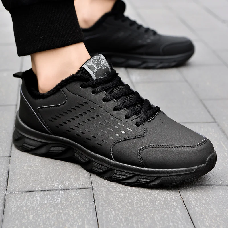 Водонепроницаемые зимние кожаные мужские туфли толстые плюшевые теплые