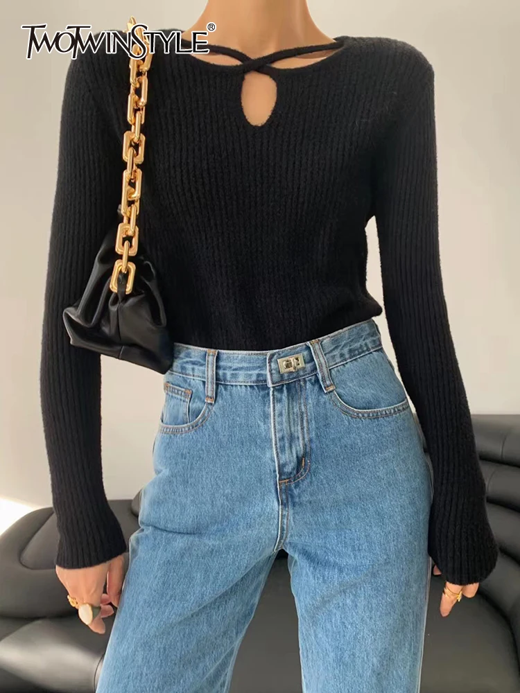 

Женский Однотонный свитер twotwin2, однотонный вязаный пуловер с круглым вырезом и длинным рукавом, модная одежда