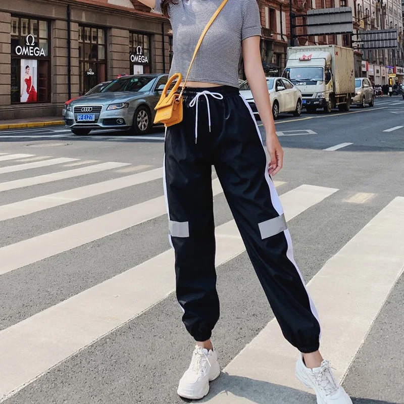 

Big Pockets Elastic High Waist Harem Pants Women Baggy Reflective Sport Sweatpants Long Pants Joggy Hip Hop Women's Trousers