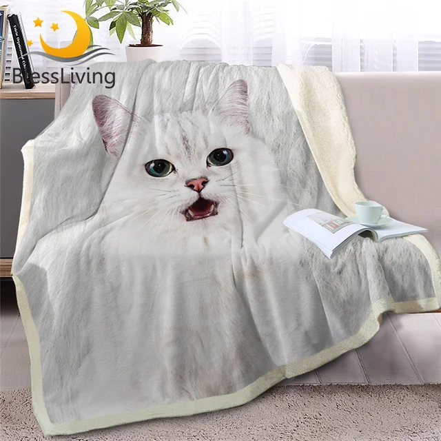 BlessLiving White Cat Manx Throw Blanket on Bed Sofa Animal Sherpa Blanket 3D Print Kids Bedspreads Fur Plush manta 130x150cm 1