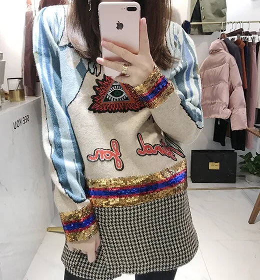 Женский трикотажный свитер с вышивкой и блестками подиумный жаккардовый пуловер