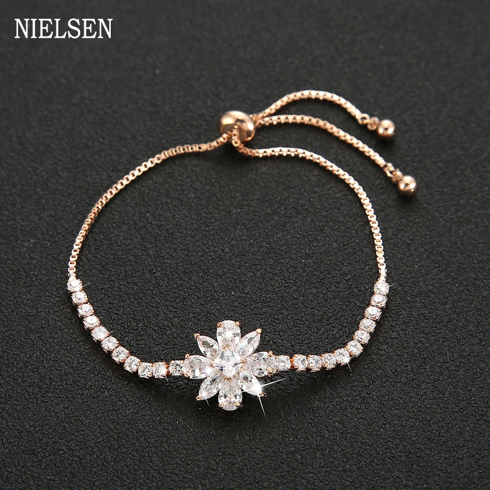 Элегантный циркон цветок браслет серебристый цвет регулируемый цепочка Шарм