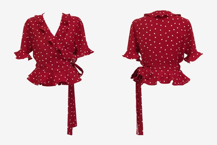 

New 2020 Summer Women Blouse V-Neck Casual Fashionable Chiffon Shirt Lace Up Bow Lantern Sleeve Heart Ruffles Short Tops