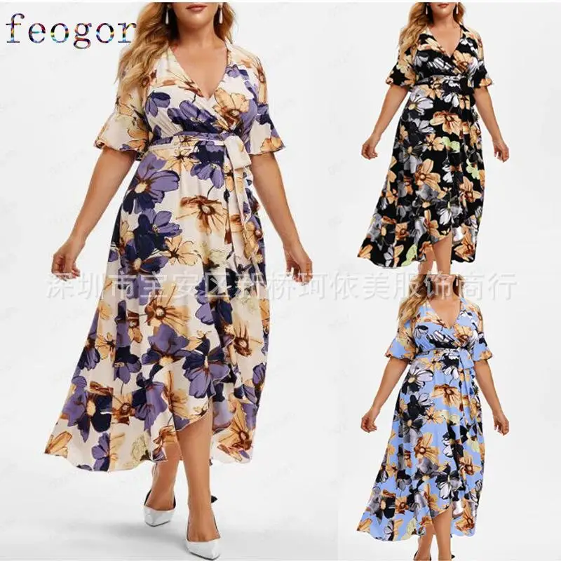 

FEOGOR Ladies Large Size Casual Short Sleeve Waist Bohemian Printed Irregular Dress Irregular dress party dress Waist dress