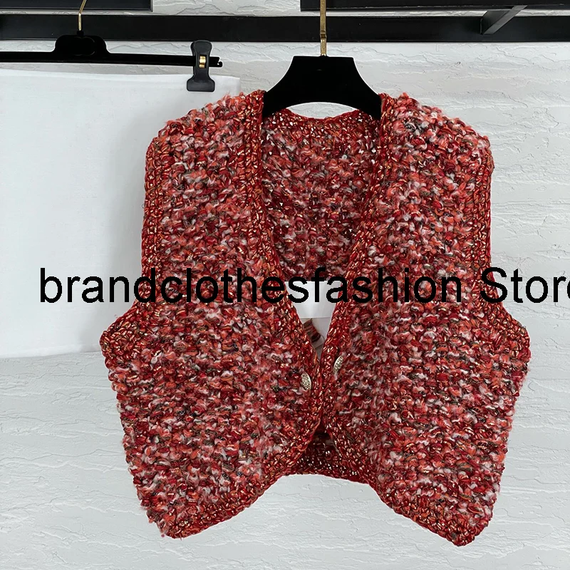 

All Handmade Five Kinds Yarn Knit Vest Jacket Women High Quality Red Fashion V-Neck Pretty Crochet Sleeveless Coat 2021 Autumn
