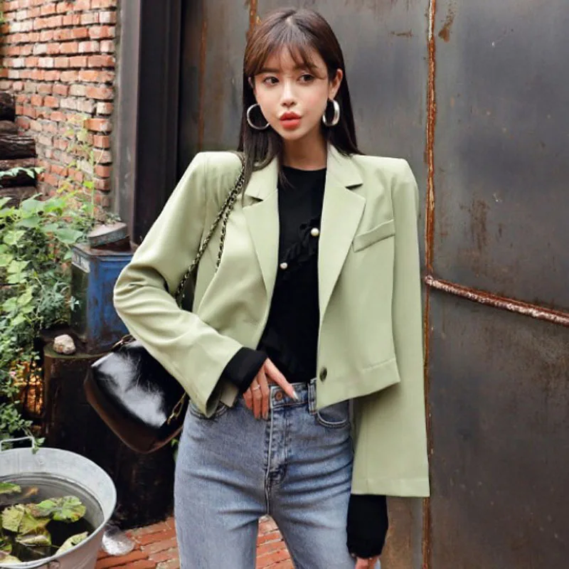 

Autumn Women Office Clothes Button Single-breasted Long Sleeve Plus Size Solid Suit Jacket 2020 New Elegant Short Green Coat