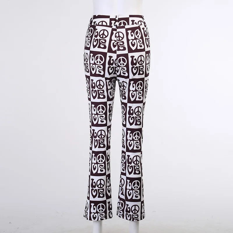 

2020 Fall Y2k Aesthetic Ladies Flared Pants Women Sexy Love Print Streetwear High Waist Slit Tight Casual Pants Dropshipping