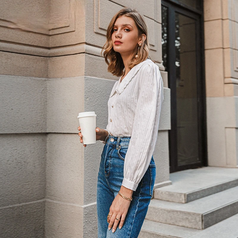 

Elegant white autumn winter women blouse Vintage doll collar long sleeve female shirt New fashion pocket blouse 2020