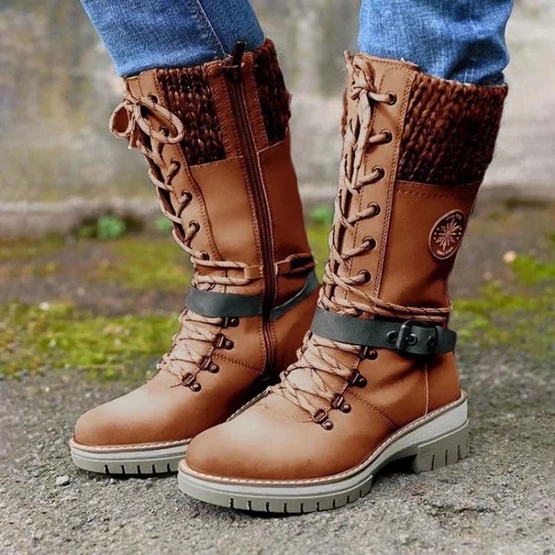 

Martin Boots National Style Mid-high Women Boots Thick Heel Non-slip Wool Zipper Stitching Warm Thick Autumn and Winter Boots
