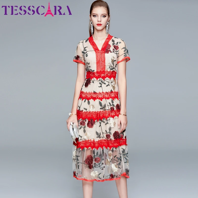 Женское роскошное Сетчатое платье TESSCARA с вышивкой женское винтажное