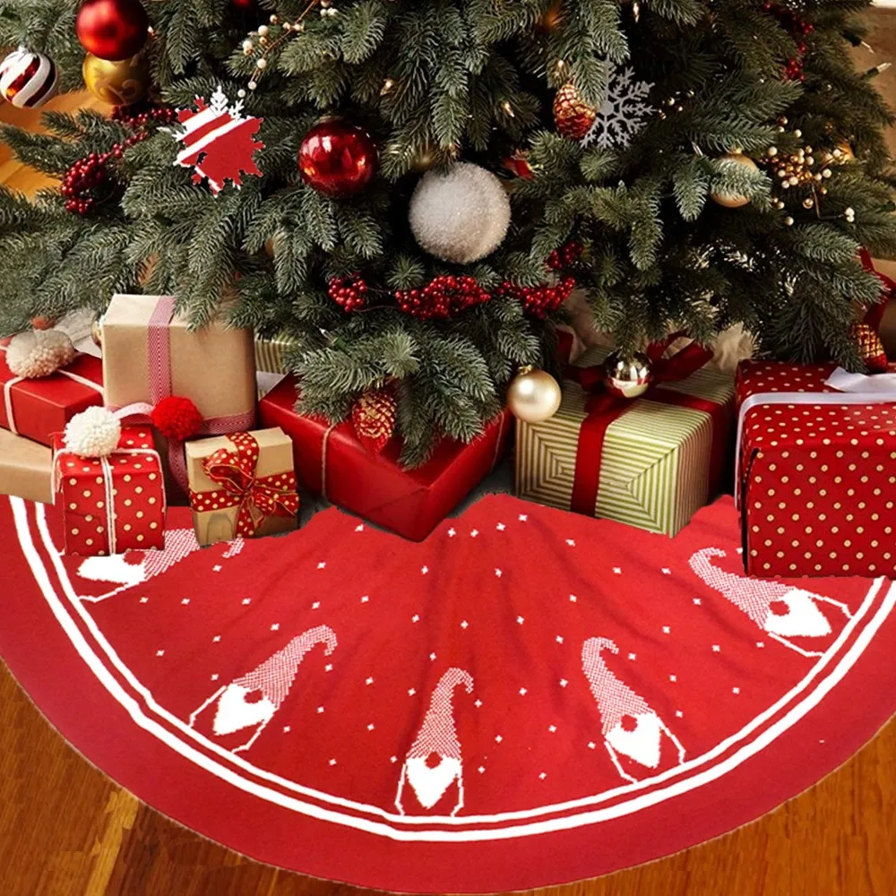 

120 см юбка на рождественскую елку вязаная безлицевая кукла Красная белая двусторонняя Рождественская домашняя декоративная Нижняя фартук ...