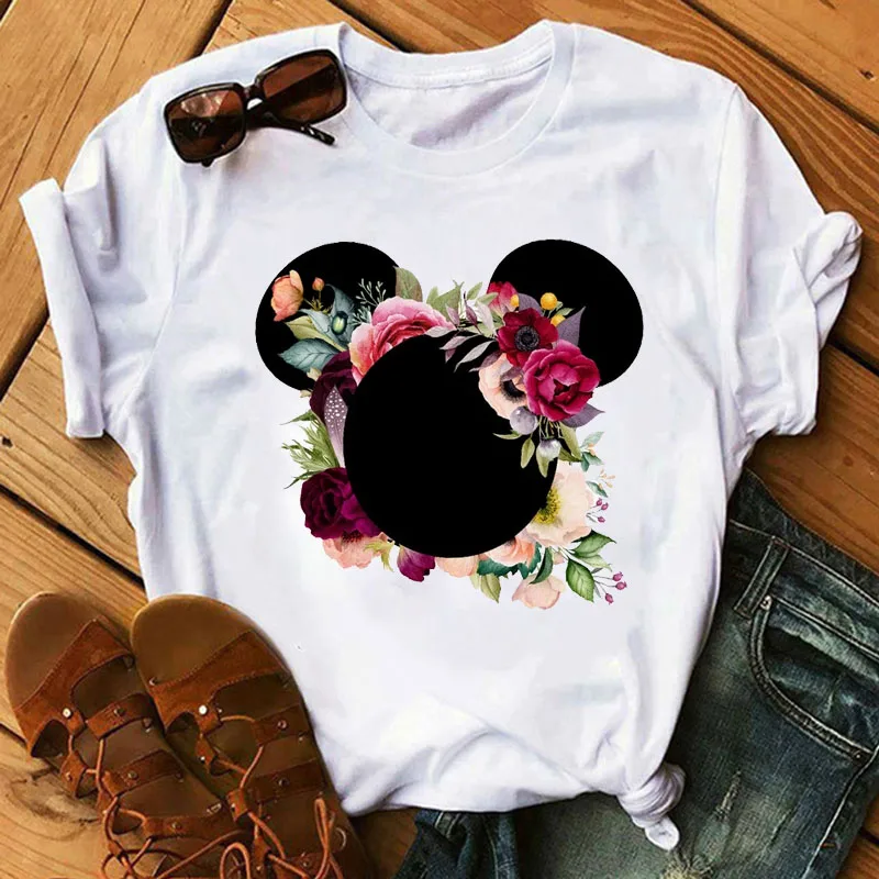 Женская модная футболка с графическим цветочным рисунком милые футболки ушками