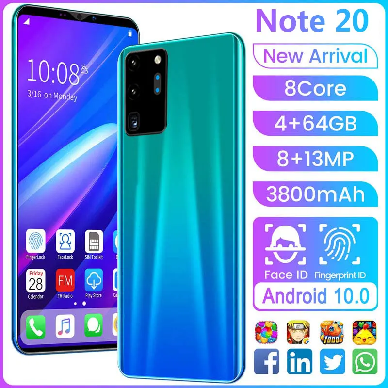 

Note 20 Smart Phone 5.8 Inch Full Screen 8 Core 4+64GB Mobile Phone 3800mAh MTK6779 8+13MP Dual SIM Cell Phone 3D Glass Plated
