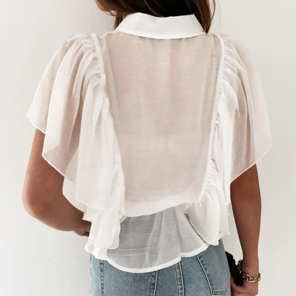 

Sexy Women Blouses Shirts Solid Color Short Butterfly Sleeve Blouses for Women Tie-up Neck Chiffon Shirts Tops femme blousas