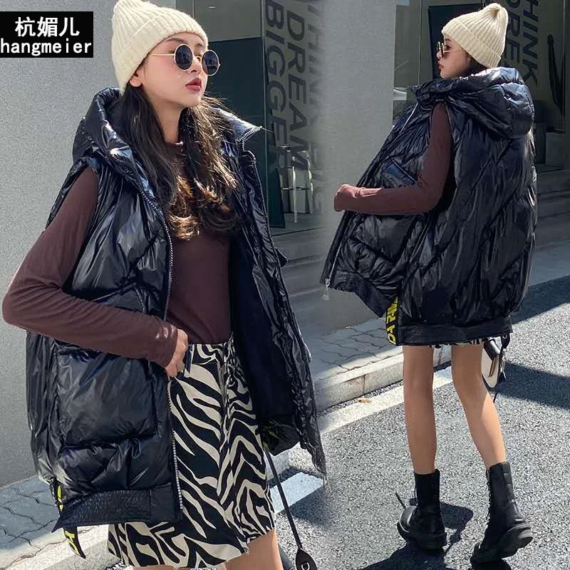 

2021 Autumn Winter Glossy Hooded Vest Jacket Women's All-match Warm Sleeveless Coat Thick Loose Zipper Waistcoat Outwear Female