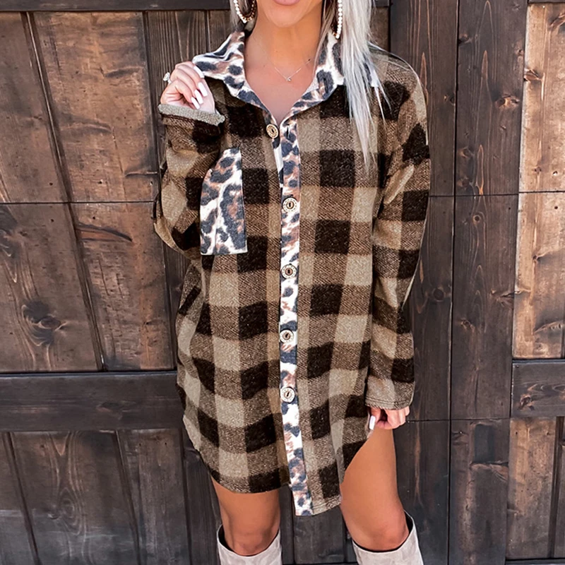 

Женская блузка с отложным воротником, длинная рубашка составного кроя с длинным рукавом и карманами, с леопардовым принтом, модель Sj8869M на в...