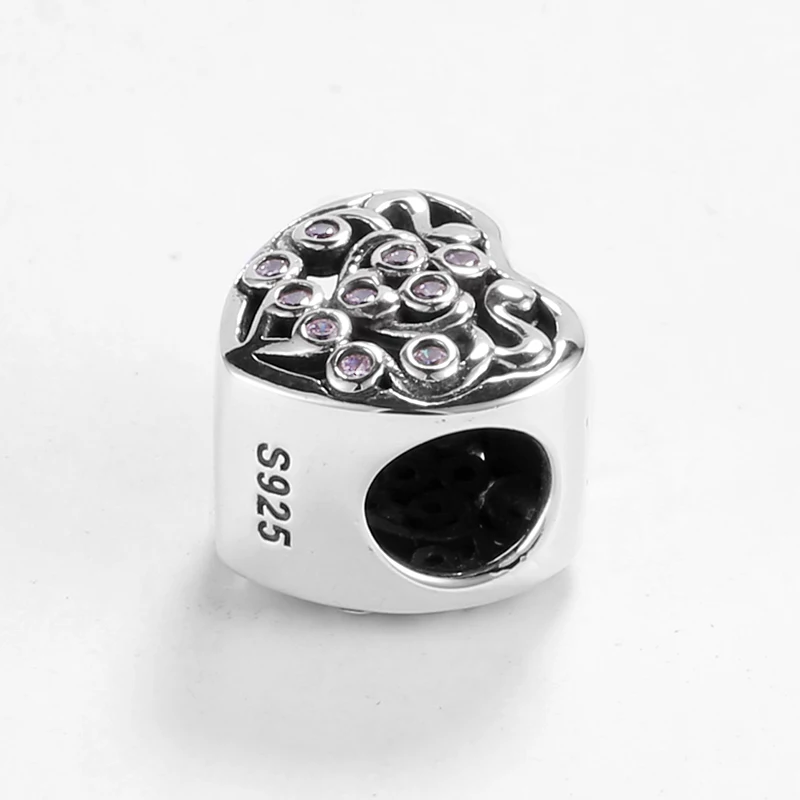 Серебряные бусины 925 пробы на День святого Валентина розовый CZ бисер в форме