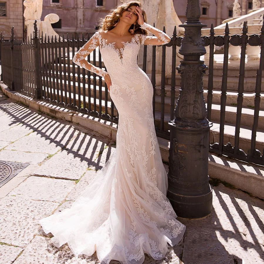 

Long Lace Mermaid Wedding Dresses 2020 Sheer Mesh Top Applique Sweep Train Wedding Bridal Gowns With Detachable Skirt