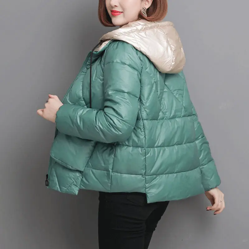 Short Parkas Women Patchwork Hooded Simple Solid Pockets Womens Casual Korean Style Females Daily All-match Winter Chic | Женская одежда