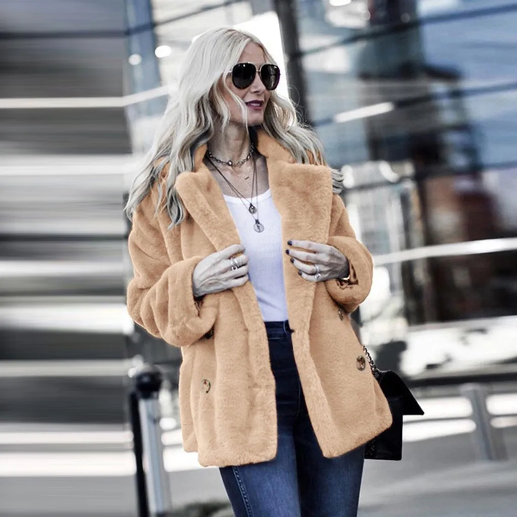 Осеннее зимнее женское пальто повседневное свободное одноцветное длинное плюшевое пальто женское винтажное размера плюс толстые куртки из искусственного меха пальто белое#3