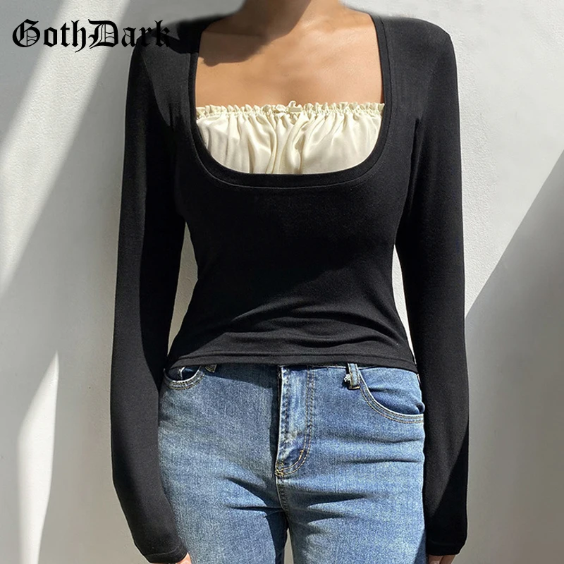 Goth Dark повседневные готические женские облегающие Осенние футболки Harajuku Kwaii с