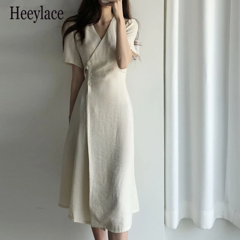 

New 2021 Women Summer Dress V-Neck Lace Up High Waist Vintage Elegant Korean Style Fashion Wild Lady Long Dresses