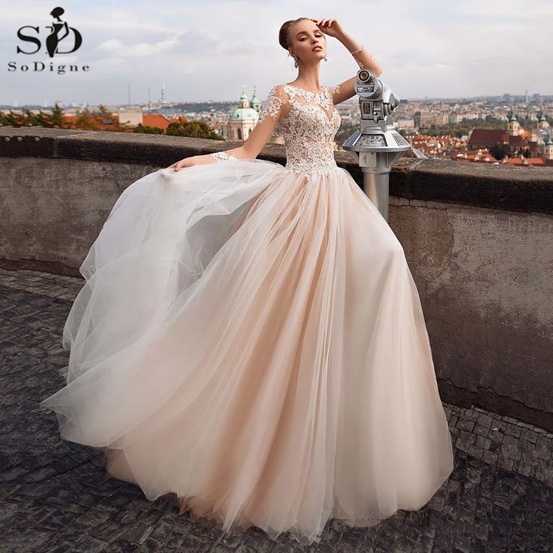 

Розовое пляжное свадебное платье А-силуэта с длинным рукавом, платье для невесты, розовое кружевное свадебное платье в стиле бохо с апплика...