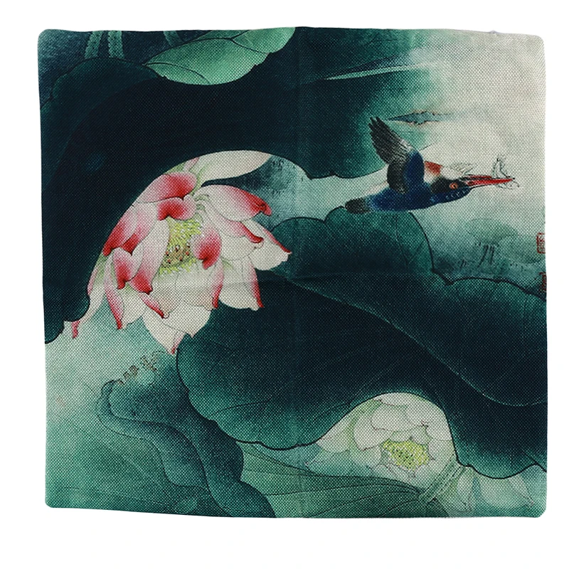 

Decorative Pillows Cushion Cover Travel Pillowcases Chinese Style Painting Ink Wash Lotus Flax Sofa Cushion Leaning Back