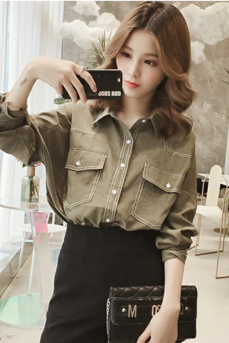 

Houthion Women's Blouses Korean Shirt Comfortable Casual Summer Lapel Solid Color Fashion Top New Long Sleeve Tops