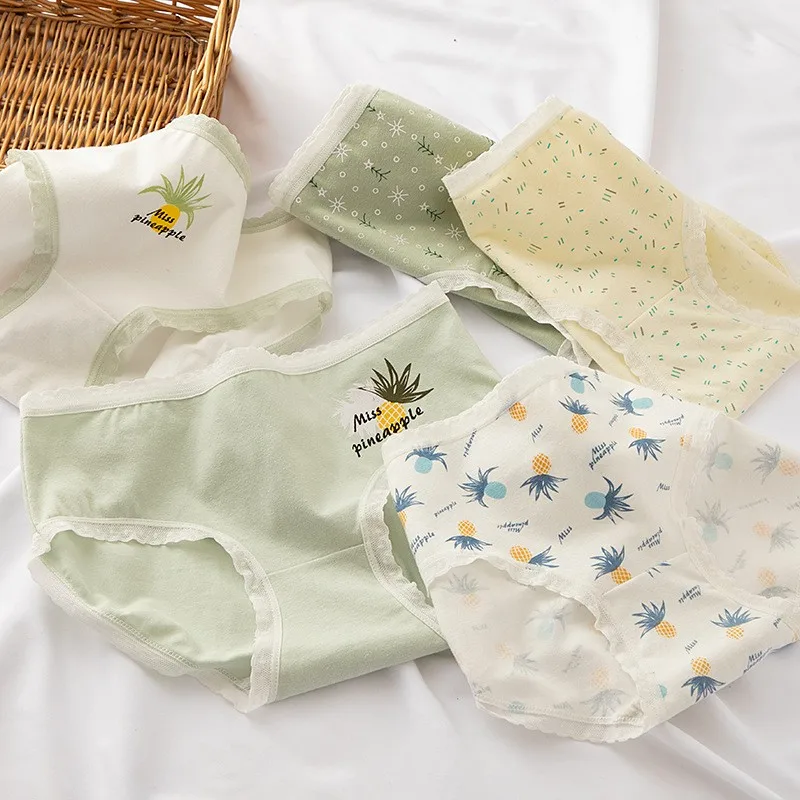 

5 Pcs/Lot Mid Waist Underwear Lot Women Girls Cotton Briefs Panty Pack of Panties Seamless Friut Green Pineapple Lingerie Set