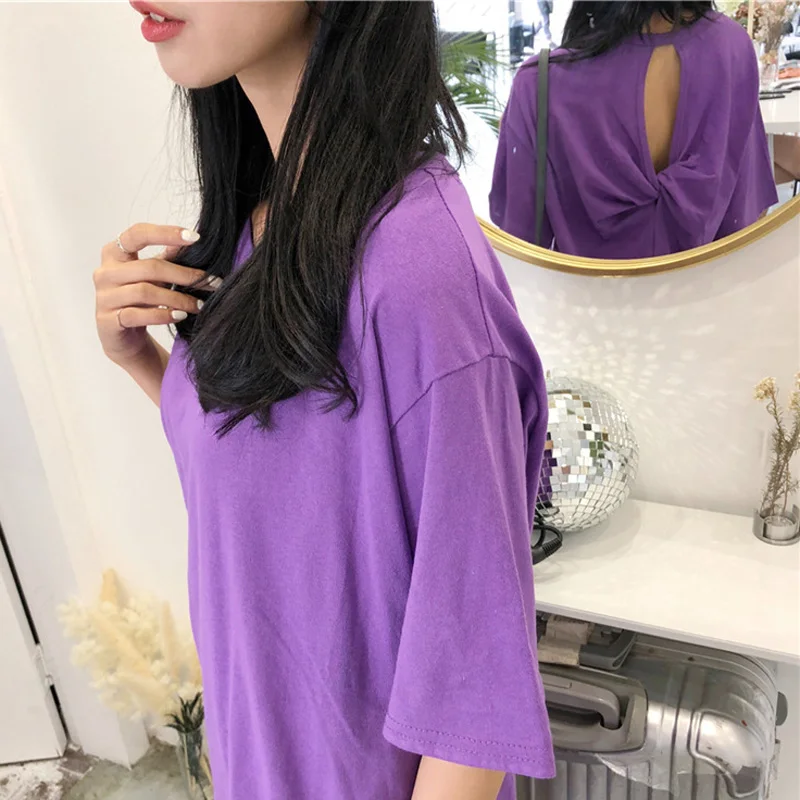 

Summer Loose Casual Tshirt Women Female Short Sleeve Tops Sexy Blackless Tees T Shirts Oversize Soild Color Long T-Shirt